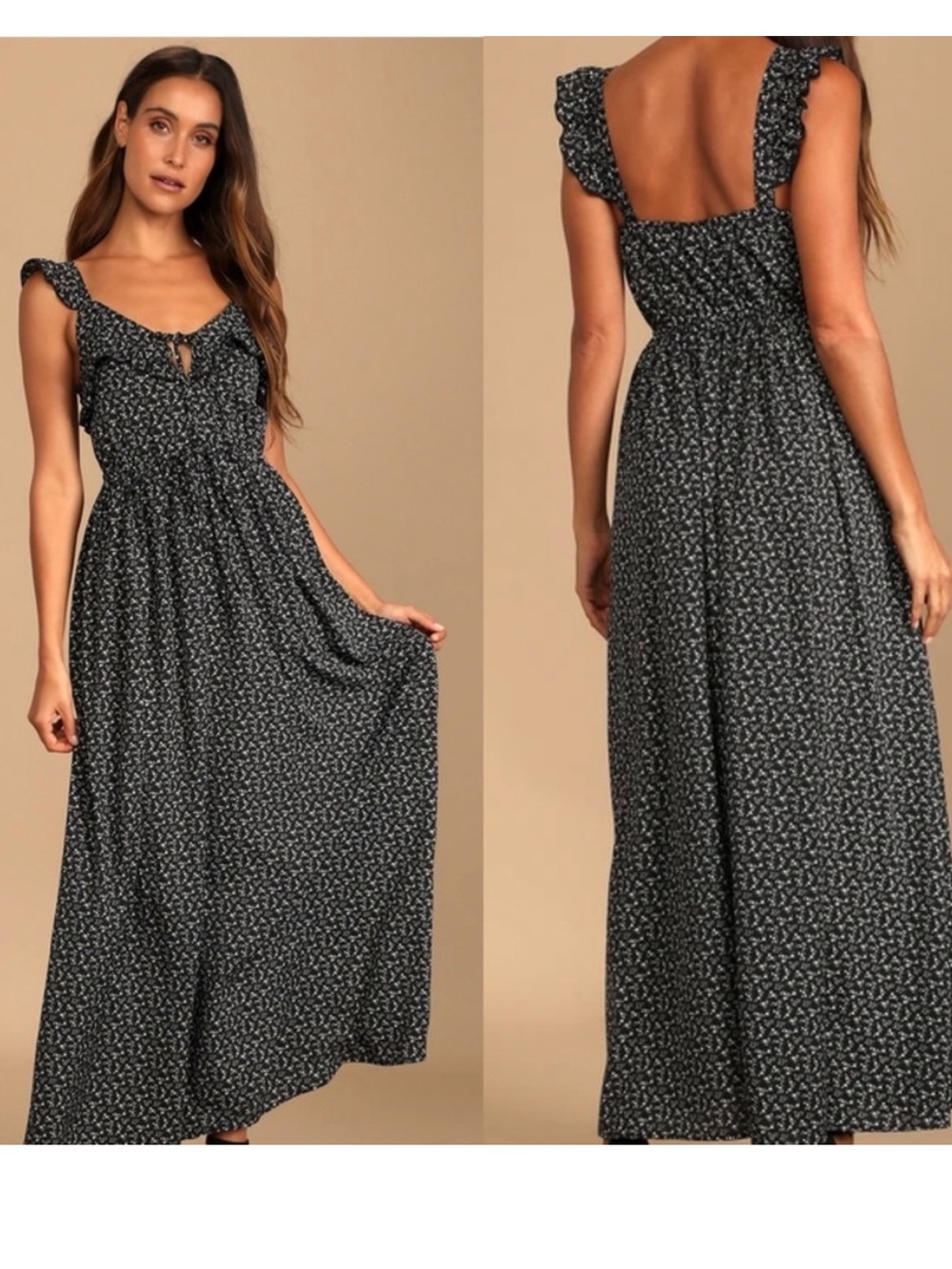 NWT Lulu's At the Garden Party Black Floral Print Ruffled Maxi Dress size Medium